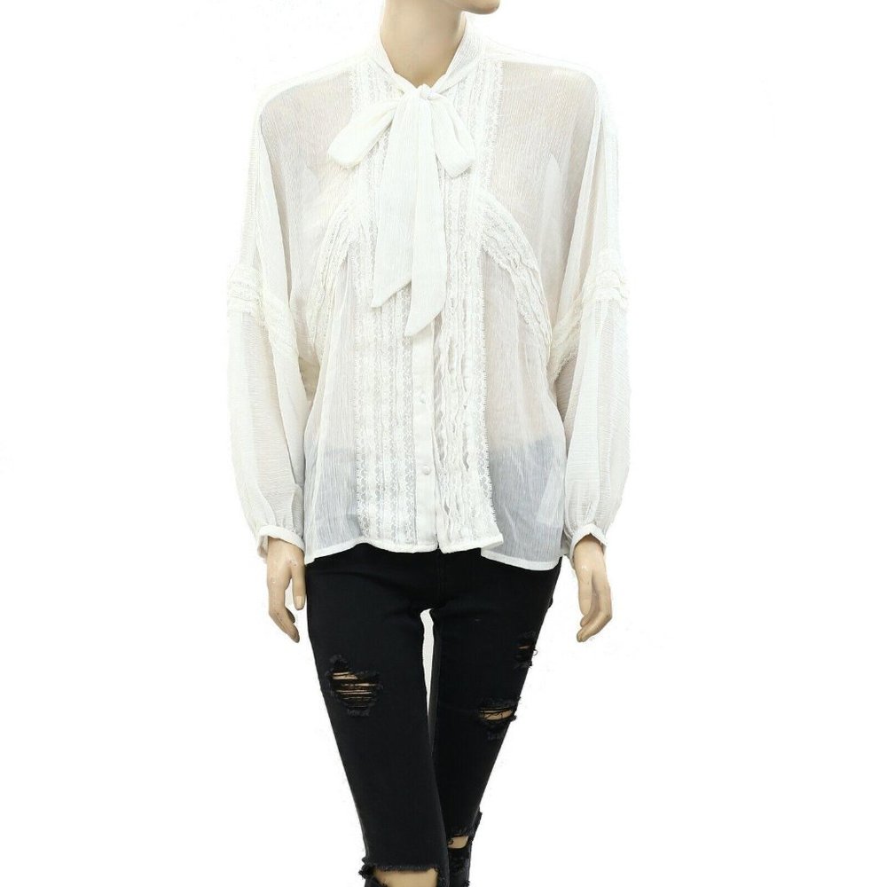 Uterque Buttondown Lace White Shirt Blouse Top Tie Sheer Long Sleeve S